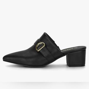 Allegra K Black Pointed Mule Heels with Gold Buckle